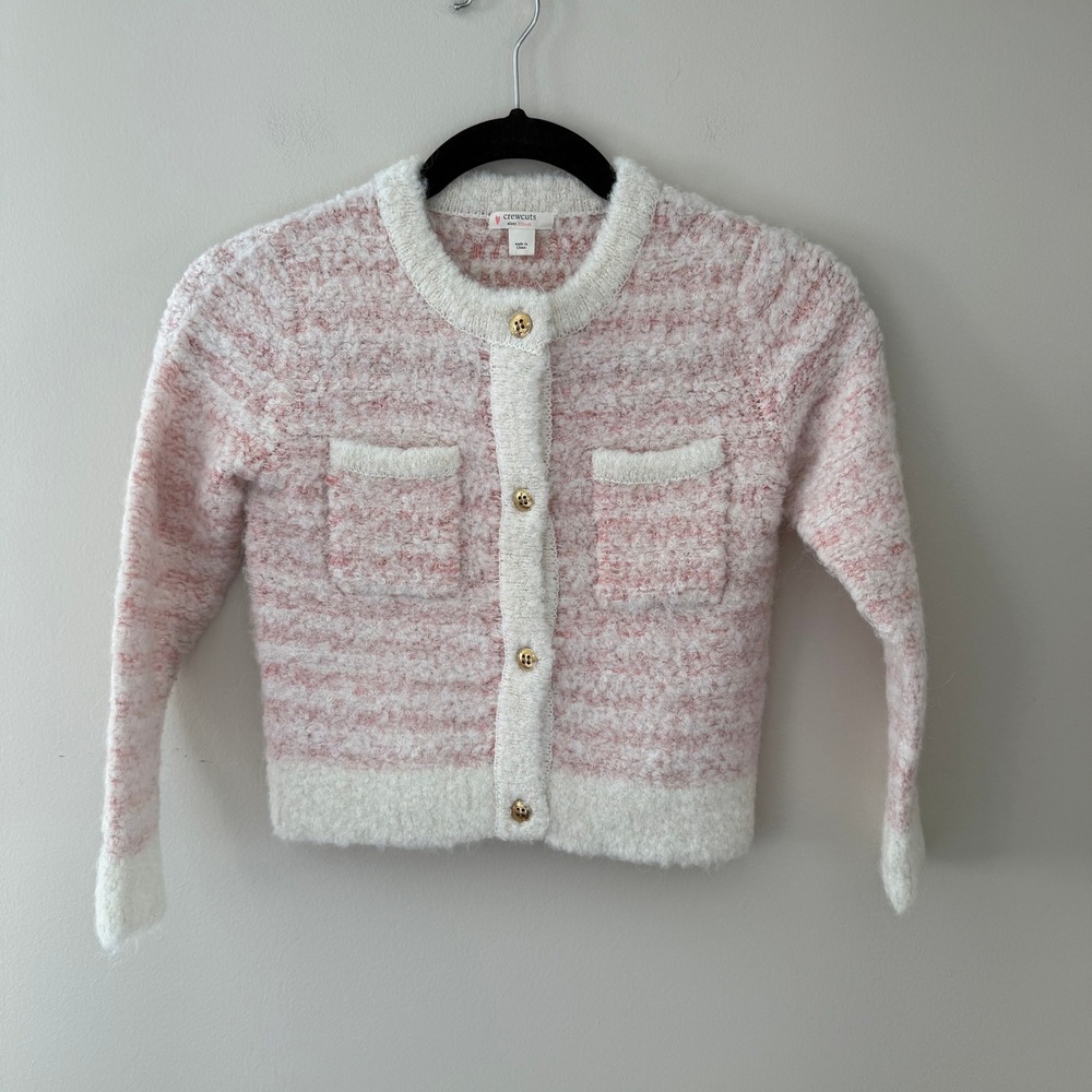 Crewcuts J.Crew Girls Pink White Striped Boucle Cardigan Gold Buttons‎ XS 4-5